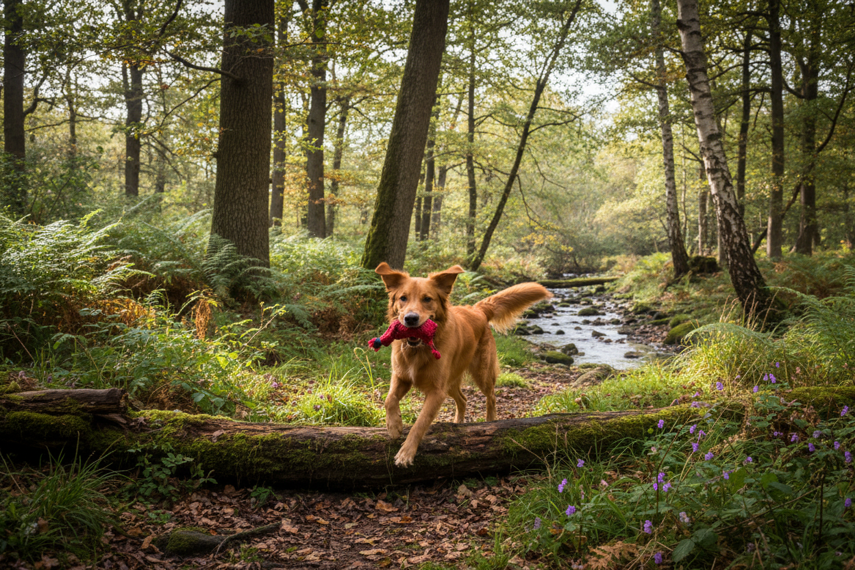 un chien qui joue dans la foret avec un jouetv